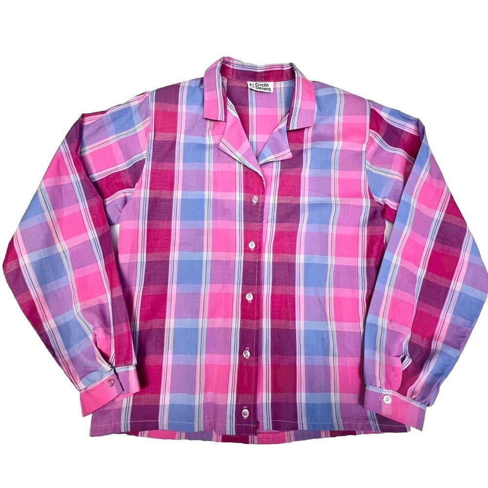 Vintage 80s Cristin Stevens Pink/Blue Plaid Button Down Shirt Shoulder Pads